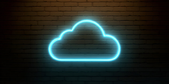 Flat-style blue neon cloud icon with glowing effect on dark brick wall, modern internet storage symbol