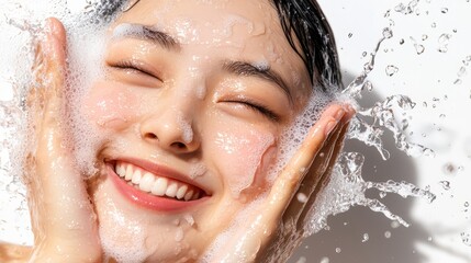 Woman is washing her face with water and smiling. Concept of relaxation and self-care