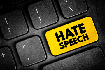 Fototapeta premium Hate Speech - public speech that expresses hate or encourages violence, text concept button on keyboard