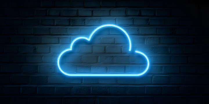 Blue neon cloud icon glowing on dark wall, left-aligned lighting for digital technology and cloud computing visuals