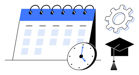 Fototapeta na wymiar Desk calendar with clock, cogwheel, and graduation cap conveys time management, organization, learning, setting goals, career planning, productivity, and personal development in a simple flat