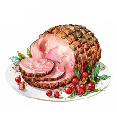 An isolated Christmas Cold ham and cold turkey dish illustration watercolor christmas.