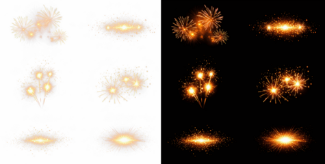 Fireworks PNG isolated on transparent background, bright colorful exploding sparks with glowing trails, festive pyrotechnic overlay for New Year, holiday celebration, party designs, and greeting card 
