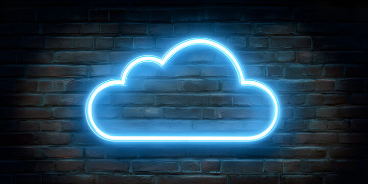 Flat-style blue neon cloud icon with glowing effect on dark brick wall, modern internet storage symbol