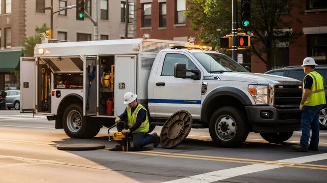 Two men performing maintenance on gas infrastructure and manhole cover on urban street, with a utility truck and passing car, city gas supply footage.