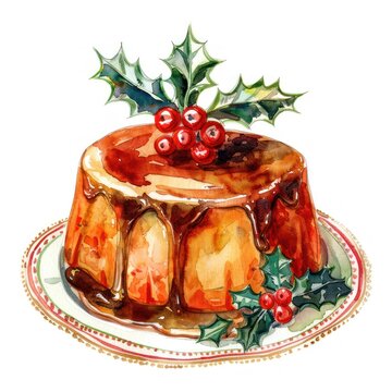 An isolated christmas caramel castard dish illustration watercolor dessert.