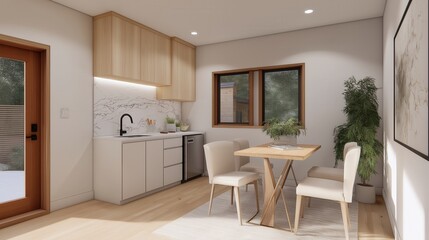 A modern backyard studio with a kitchen and dining area. Features wooden cabinets, a small table with chairs, and large windows for natural light.