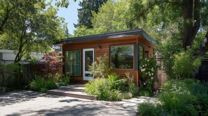 A modern backyard studio with large windows, surrounded by lush greenery and flowers. The structure features a wooden exterior and a welcoming entrance.