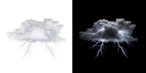 Storm clouds with thunder and lightning PNG cutout, dark bad weather sky overlay isolated, dramatic electric storm effect, thunderbolt cloud design for severe weather visuals, danger, and nature