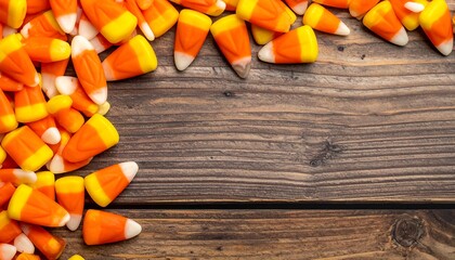 Candy corn piled in a corner on a rustic wooden surface