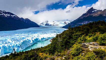 Glacier flows through a mountain valley.  Vast ice meets vibrant greenery