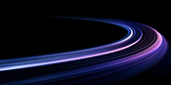 Curved neon purple and blue light trails on dark background