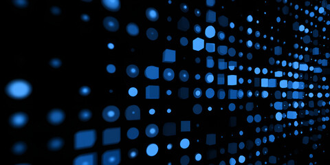 Glowing blue digital dots and squares in perspective over dark background