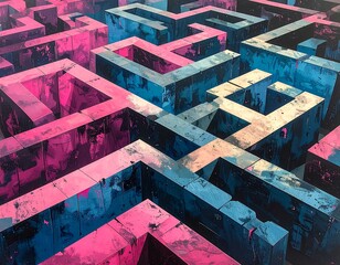 Abstract maze of interlocking, painted blocks