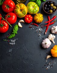 Colorful fresh vegetables arranged on dark surface
