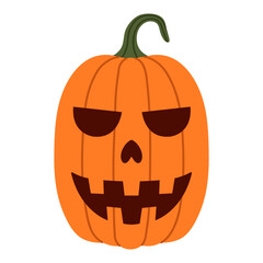 Tall large pumpkin with square teeth and triangle heart nose. Creepy carved Halloween lantern with dark expression. Flat vector fall illustration. Isolated background. Hand-drawn.