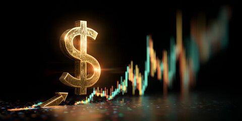 Golden dollar symbol with rising chart and glowing trend line