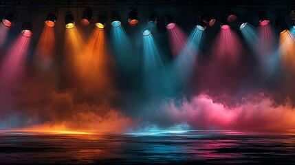 Performance stage with violet and orange lights high resolution picture