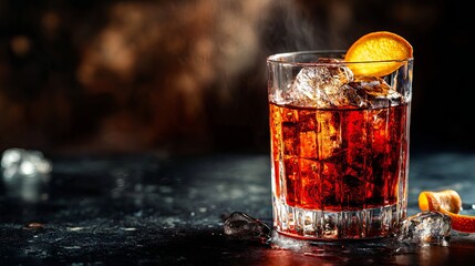 Red Coffee Negroni cocktail made with dry gin, vermouth, espresso, bitters, liqueur, orange slice, and ice, set against a black bar counter.