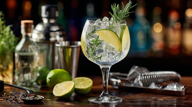 Bar counter scene with gin tonic cocktails served in wine glasses at a pub or restaurant.