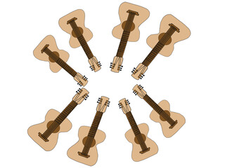 a symmetrical arrangement of acoustic guitars. There are ten guitars positioned in a circular pattern, each oriented outward, creating a starburst effect. The guitars are in brown color