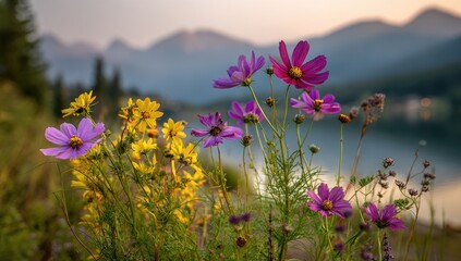Vibrant purple and yellow cosmos flowers bloom beside a tranquil lake, with a soft mountain backdrop, showcasing a serene and colorful natural scene.