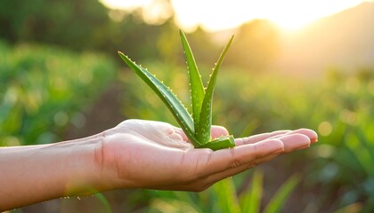 Hand holding aloe vera plant in field