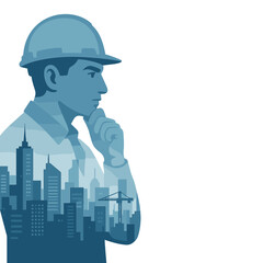 An engineer's contemplative double exposure overlaid on a cityscape, featuring copy space, embodies the futuristic concept of engineering construction and industry: