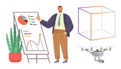 Businessman standing by charts explaining analytics alongside a futuristic drone and 3D cube diagram. Ideal for innovation, strategy, technology, analytics, presentation, leadership, progress. Simple