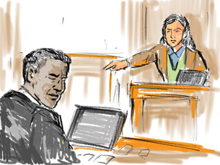 Courtroom Trial Sketch Showing Young Female White Witness Pointing at Black Defendant In Court of Law