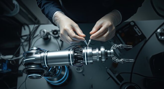 Robotic technician assembling futuristic bionic arm with precision equipment for advanced technology development