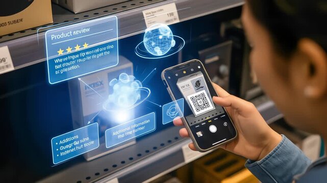 A woman uses her smartphone to scan a product, displaying augmented reality holograms with reviews and information