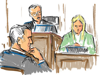 Courtroom Trial Sketch Showing Judge and Young Female Witness Testifying With Defendant Looking In Court