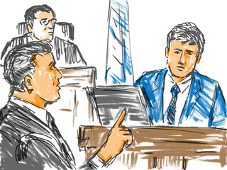 Courtroom Trial Sketch Showing Judge and Lawyer Questioning Defendant Plaintiff Witness in Court
