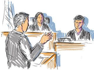 Courtroom Trial Sketch Showing Lawyer Interrogating a Young Defendant Plaintiff Witness in Court