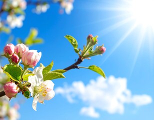 Blooming apple tree branch against a vibrant blue sky