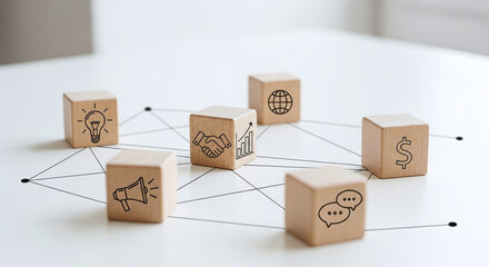 Wooden blocks with business icons connected by lines on a white table, symbolizing strategy, networking, and collaboration.