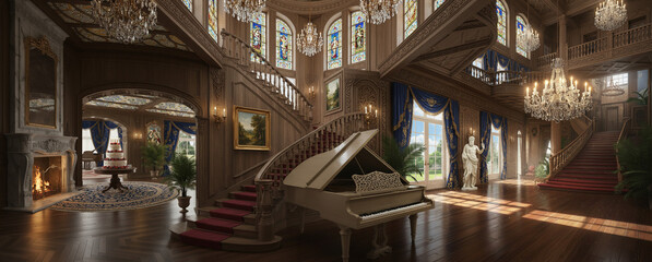 Fototapeta premium The architecture of the ancient royal interior with stained glass windows and a grand staircase with a fireplace in the castle.