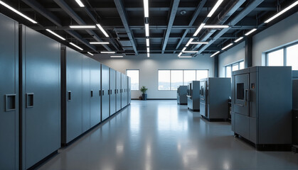 Modern medical waste storage facility with gray cabinets and a spacious interior illuminated by bright LED lights, clean concept of healthcare management or recycling
