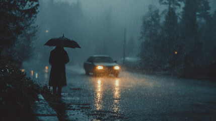 Obraz premium Rainy evening scene with person holding umbrella standing on sidewalk while car headlights illuminate wet street and trees in the background adding to the atmosphere.