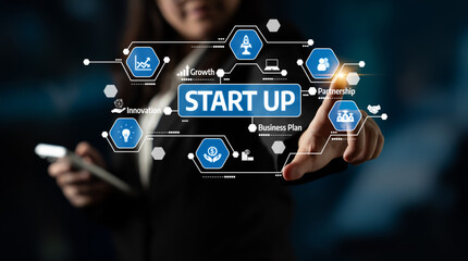 A business professional interacts with a digital interface showcasing start-up concepts like growth and innovation, emphasizing strategic planning and collaboration. Tessel