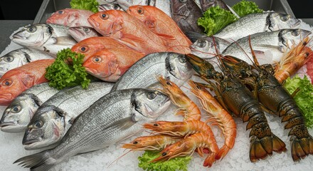 A display of fresh seafood, including various fish, prawns, and lobsters, arranged attractively on ice.