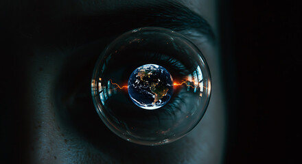 The whole world is in the eyes of a woman: Human eye reflecting the Earth with a dark background  
