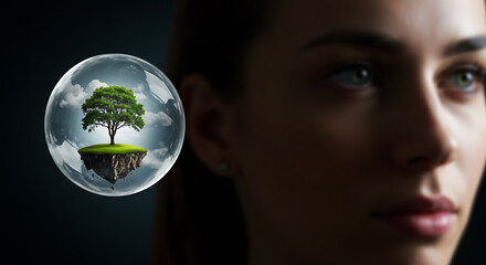 Woman's profile with a floating globe depicting a tree and landscape  
