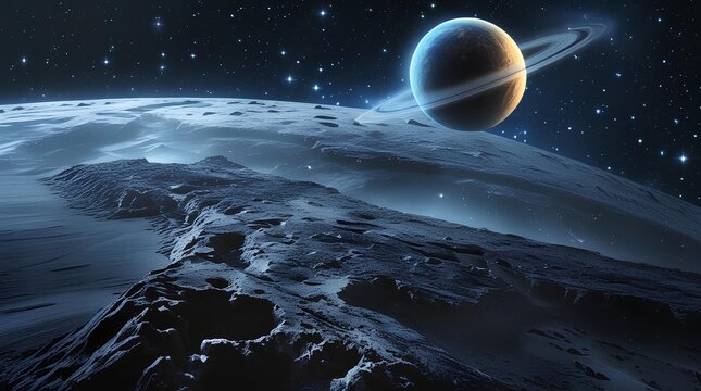 a stunning space scene showcasing a distant planet hovering above the surface of a barren