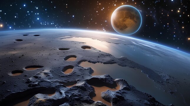 a stunning space scene showcasing a distant planet hovering above the surface of a barren - Powered by Adobe