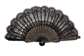 Elegant black lace hand fan with gold detailing, a vintage accessory. background removed