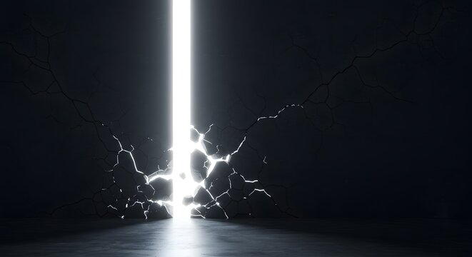 A luminous glowing light beam breaking through a dark cracked concrete wall
