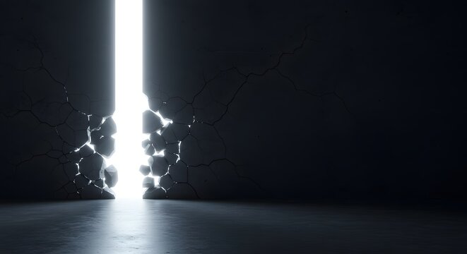 A luminous glowing light beam breaking through a dark cracked concrete wall