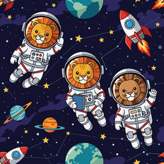 Adorable cartoon astronaut lions explore space among planets stars and rockets Kids adventure